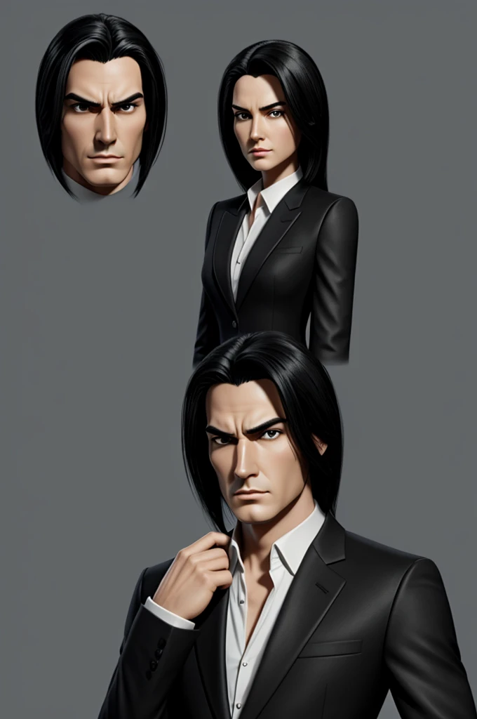 Create a 27-year-old tall animated character,black hair,serious and threatening facial features in elegant suit
