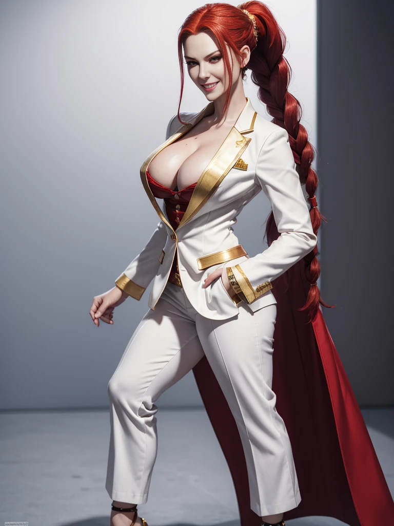 ((best quality)), ((4k)), ((highres)), ((masterpiece:1.2)). ((detailed)), ((ultra realistic)), ((intricate details)), ((full body picture)), ((character design sheet)), ((blank background)), ((standing in a blank background)), solo character, a full body shot of a sexy pale female, inhuman pale skin, pasty white skin, ((vampire pale skin))), ((ghostly pale skin like kratos from god of war)), redhead, ((vivid red hair)), braided low ponytail, ((braided low ponytail)), thin braids, slicked back hair, sexy and dangerous, evil smile on her face, ((evil smile)), about 30 years old, about 6'0 ft tall, athletic frame, character concept art, female executive, white blazer suit, white dress pants, work pants, white outfit with black details and gold adornments, ((predominantly white outfit)), ((showing cleavage)), gold office heels, fighting game character concept art, tekken character design, the king of fighters character concept