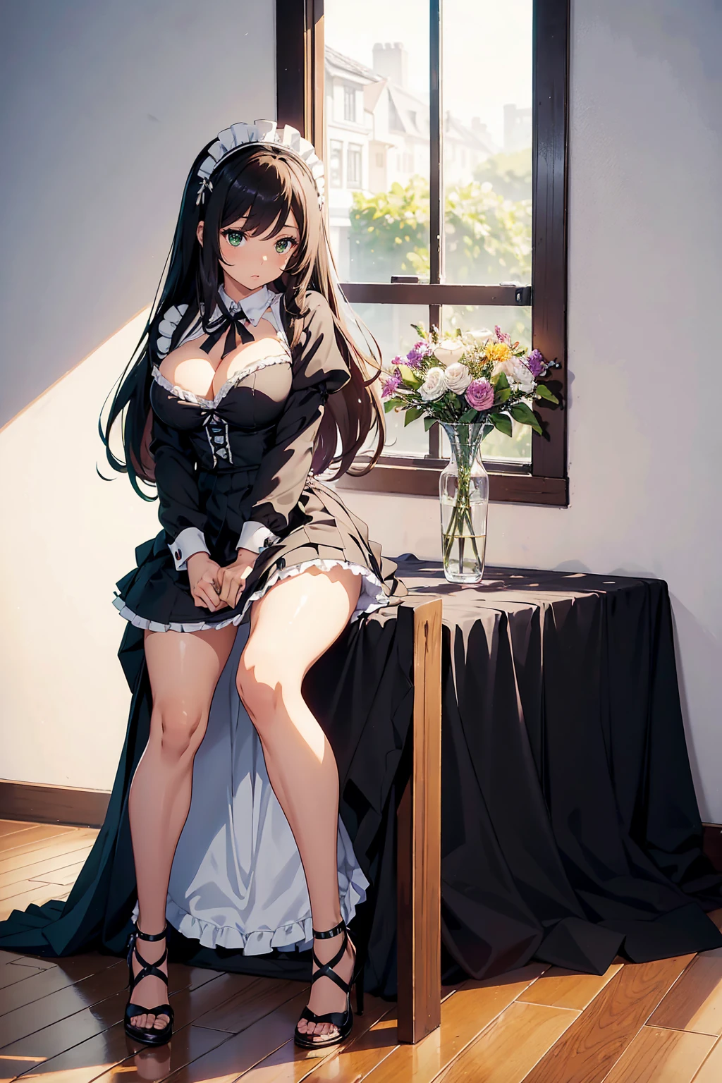 1woman(solo, full body view, frontal view, standing, hands folded in lap, facing camera), 30years old, sexy, beautiful, latina, dark tanned skin, dark brown hair, long hair, straight hair, shiny hair, green eyes, big eyes, shy, slim build, very long legs, medium firm breasts, perfectly groomed, maid uniform(very short skirt, big cleavage, no panties), maid headdress, black heels, eye contact, minimalistic room(white walls, wooden floor, minimalistic furniture, lots of flowers), best resolution, best quality, high quality, anime, ecchi, hentai