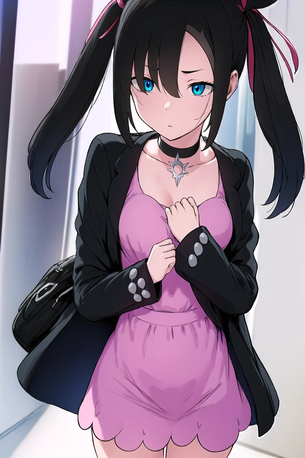 pokemonmarnie, pokemonmarnie, aqua eyes, asymmetrical bangs, asymmetrical hair, black hair, hair ribbon, long hair, red ribbon, ribbon, twintails, (small breasts:1.2),
BREAK backpack, bag, black choker, black jacket, choker, dress, earrings, jacket, jewelry, long sleeves, open clothes, pink bag, pink dress,
BREAK looking at viewer, full body, upper body,
BREAK ((blank eyes, mind control,:1.4)) 
BREAK (masterpiece:1.2), best quality, high resolution, unity 8k wallpaper, (illustration:0.8), (beautiful detailed eyes:1.6), extremely detailed face, perfect lighting, extremely detailed CG, (perfect hands, perfect anatomy),