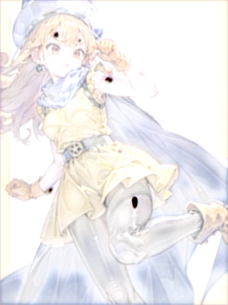 1girl,独奏,DQ4-ALENA,black pantyhose,blue cape,blue headwear,boots,curly hair,earrings,long hair,Orange gloves,orange hair,red eyes,sleeveless,yellow dress,yellow skirt,dynamic pose,small breasts,(shiny,shiny dress:1.1)jumping,v-shaped eyebrows,fine weather, (masterpiece), (best quality), (ultra-detailed), intricate detail,, (masterpiece), (best quality), (ultra-detailed), intricate detail,Big Tits、nsfw