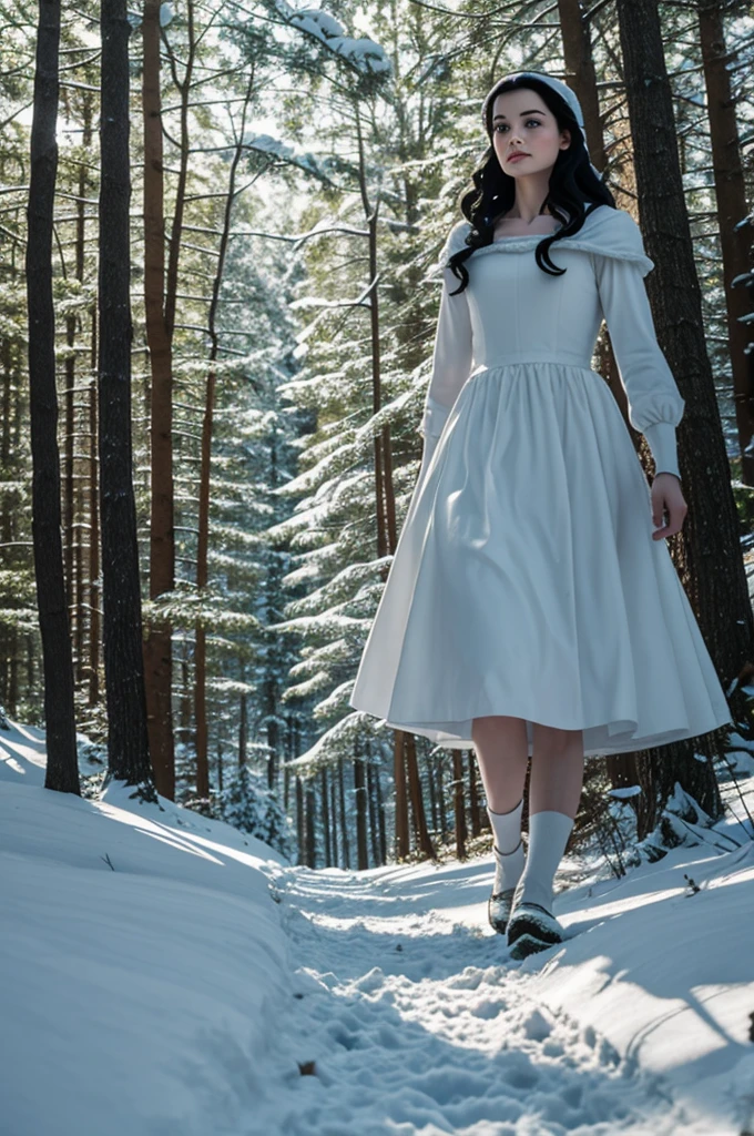 Snow white walking through the forest 