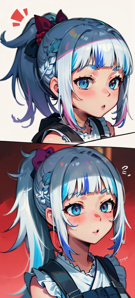 Gura, (standing), blushed, perfect anatomy, detailed eyes, detailed lips, extremely detailed eyes and face, vivid colors, sharp focus, masterpiece:1.2, ultra-detailed, blushed, , sleeveless, ((((ponytail)))), 