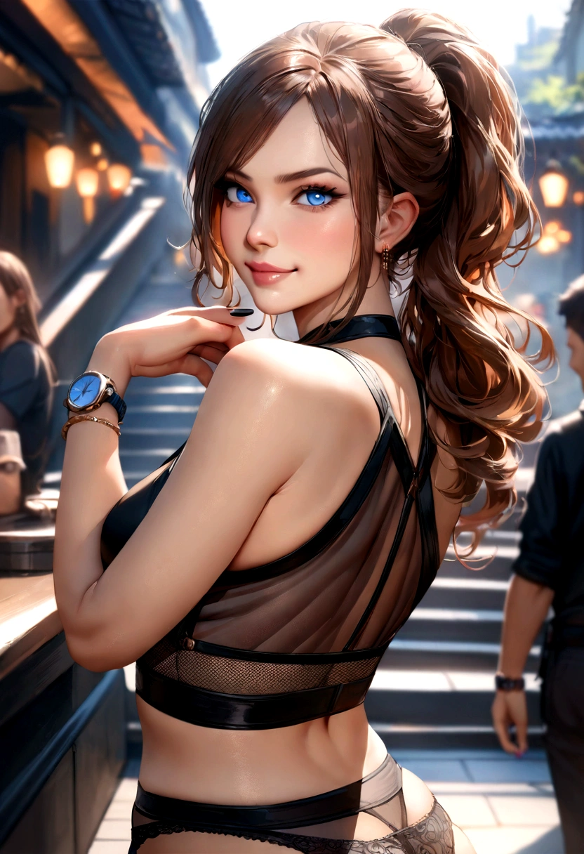 (masterpiece, best quality, ultra-detailed, highres, 4k),(beautiful detailed eyes),(very detailed face),(1girl),HDR,long hair, panties, blue eyes, brown hair, bracelet, see through crop top, jewelry, watch, lips, solo focus, nail polish, ponytail, blurry background, smirk, wristwatch, realistic, looking back at viewer