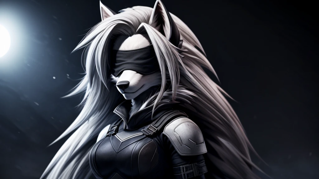 Loona from Helluva Boss, female white wolf, anthro, short white hair, blindfold, white padded armored combat suit, white cape, standing, serious, clear background, dark lighting, detailed, solo, beautiful, high quality, 4K
