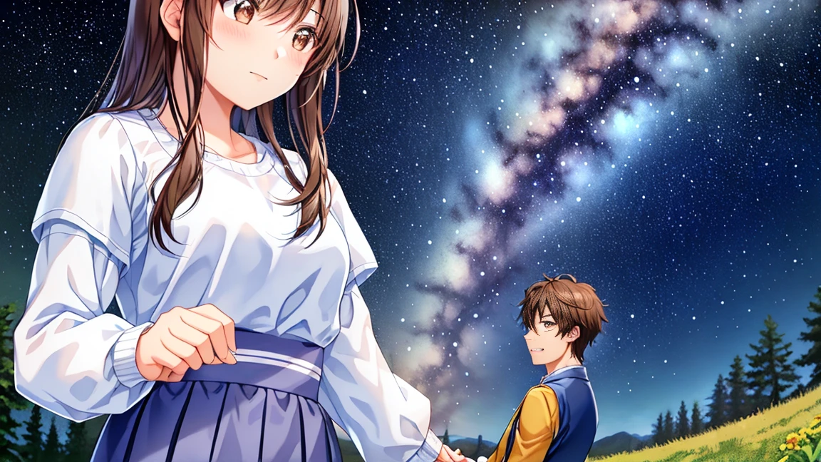 Close-up of the upper body of a young man and woman standing on a hill looking up at the Milky Way, holding hands and gazing at each other、Fantasy