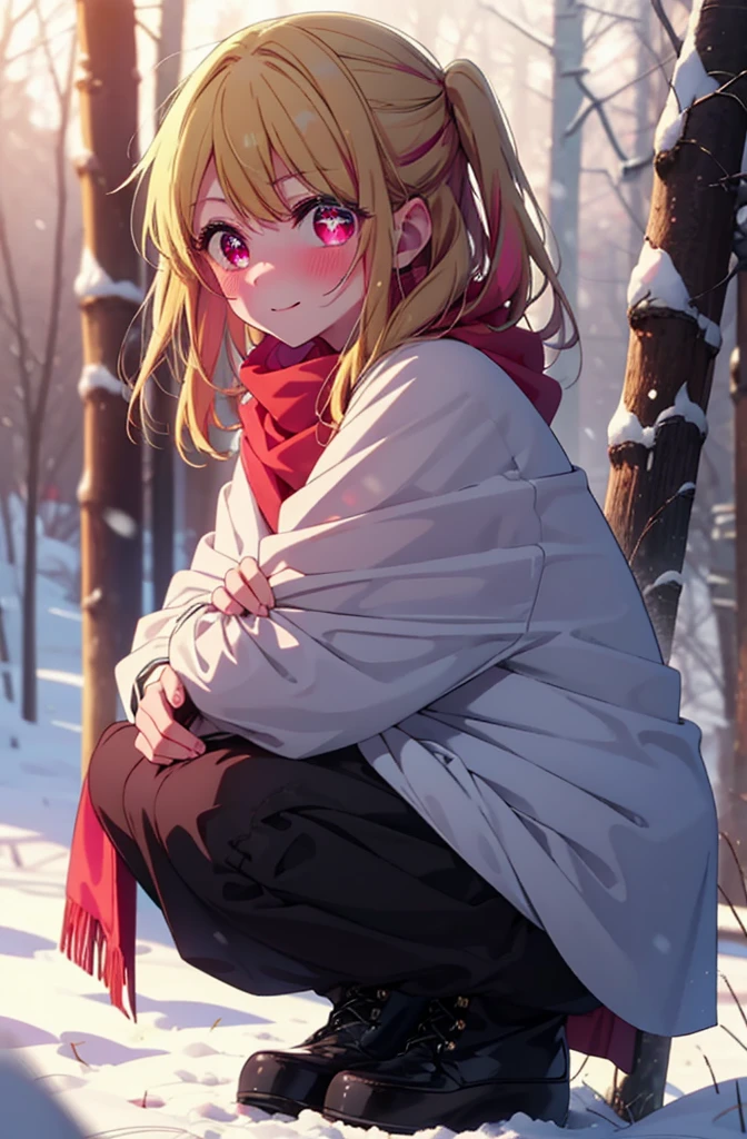 rubyhoshino, Hoshino Ruby, Long Hair, bangs, blonde, (Pink Eyes:1.3), Side Lock, (Symbol-shaped pupil:1.5), Multicolored Hair, Two-tone hair, smile,,smile,blush,White Breath,
Open your mouth,snow,Ground bonfire, Outdoor, boots, snowing, From the side, wood, suitcase, Cape, Blurred, , forest, White handbag, nature,  Squat, Mouth closed, Cape, winter, Written boundary depth, Black shoes, red Cape break looking at viewer, Upper Body, whole body, break Outdoor, forest, nature, break (masterpiece:1.2), Highest quality, High resolution, unity 8k wallpaper, (shape:0.8), (Beautiful and beautiful eyes:1.6), Highly detailed face, Perfect lighting, Extremely detailed CG, (Perfect hands, Perfect Anatomy),