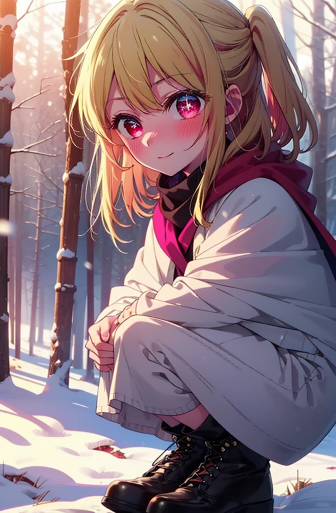 rubyhoshino, Hoshino Ruby, Long Hair, bangs, blonde, (Pink Eyes:1.3), Side Lock, (Symbol-shaped pupil:1.5), Multicolored Hair, Two-tone hair, smile,,smile,blush,White Breath,
Open your mouth,snow,Ground bonfire, Outdoor, boots, snowing, From the side, wood, suitcase, Cape, Blurred, , forest, White handbag, nature,  Squat, Mouth closed, Cape, winter, Written boundary depth, Black shoes, red Cape break looking at viewer, Upper Body, whole body, break Outdoor, forest, nature, break (masterpiece:1.2), Highest quality, High resolution, unity 8k wallpaper, (shape:0.8), (Beautiful and beautiful eyes:1.6), Highly detailed face, Perfect lighting, Extremely detailed CG, (Perfect hands, Perfect Anatomy),