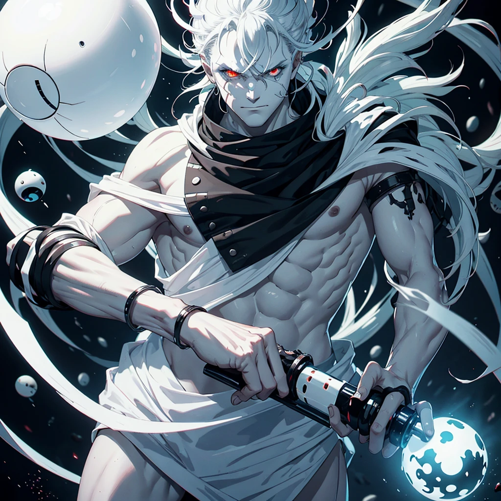 Spawns a completely white, eyeless beast with a humanoid body that has a black mini-robe and a sword embedded in its arm and an eight-ball wheel floating on its head. 