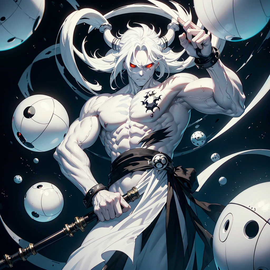 Spawns a completely white, eyeless beast with a humanoid body that has a black mini-robe and a sword embedded in its arm and an eight-ball wheel floating on its head.