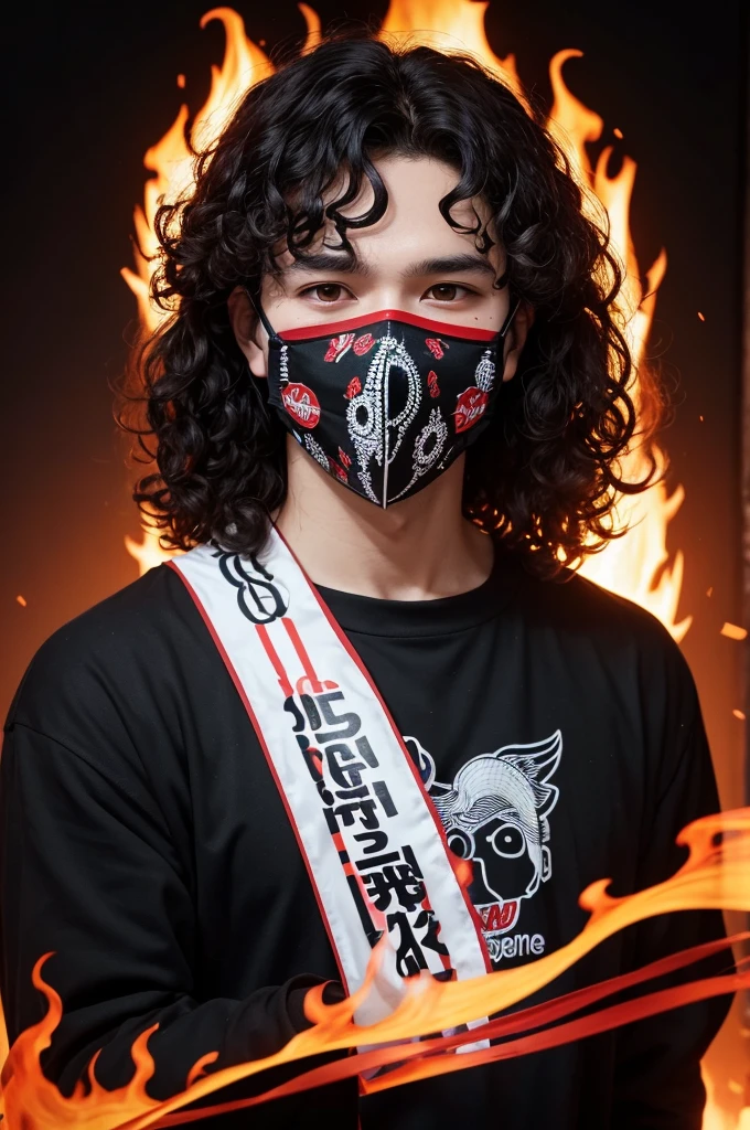 A male person with curly hair and long black clothes with printed red bands and a white humor mask with fire coming out of the hands and eyes and several white humor masks in the background of the image