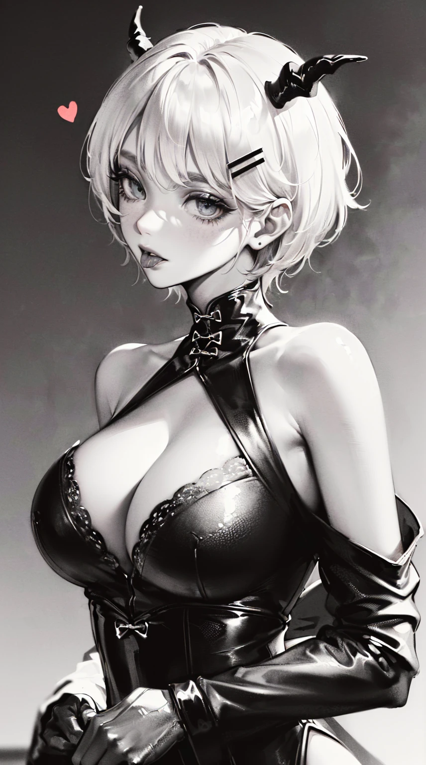 (((((((ink painting,monochromatic world, using only shades of black, white, and gray,Dark Style, grim,))))))(((cleavage dress,BDSM,))) (((saliva,tongue from mouth,blush:1.2,Veil,baggy cuffs,off shoulders))),(zentangle:1.2), (geometric:1.2), ((1girl,under-aged,amazing,sharp focus,seductive girl,solo,full body:1.2))(Masterpiece,Best quality, offcial art, Beautiful and aesthetic:1.2),((Ultra-high resolution,Golden ratio,)) (16K),((upper upper shot,close of face:1.2,focus on face:1.2,succubi,sagging breasts)),(Physically-based rendering),Sharp focus, (((highdetailskin,))),Intricately detailed clothing,Delicate pupils,heart pupils,crimson pupils,Danfeng Eye,((((detailed hair|short hair|steep bangs|Long bold side bangs|top bow)))),slender,(masterpiece sidelighting),(The sheen),(beautiful hair,beautiful eyes,)((unbelievable Ridiculous,blur background,)),((extremely_Detailed_eyes_and_face)),Movie girl,(Dynamic configuration: 1.2),Brilliant,Glossy, (Photorealistic), mitts, ((hairpin)), two-sided fabric,disheveled hair,Ultra-precise depiction, Ultra-detailed depiction, devil horns, white hair