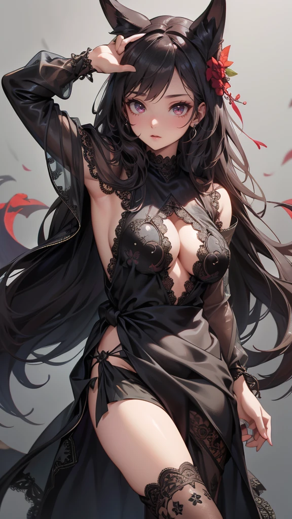 ((clothed:1.2),leather boots,leather gauntlet,(embroidered black lace dress:1.5),(see through:1.2),(long silk sarong:1.5))),(Thin type),(large breasts),(random sexy pose),(random hairstyle),(Highest image quality,(8K), Ultra-realistic, Best Quality, High quality, High Definition, high quality texture, high detailing, Beautiful detailed, fine detailed, extremely details CG, Detailed texture, realistic representation of face, masterpiece, presence)