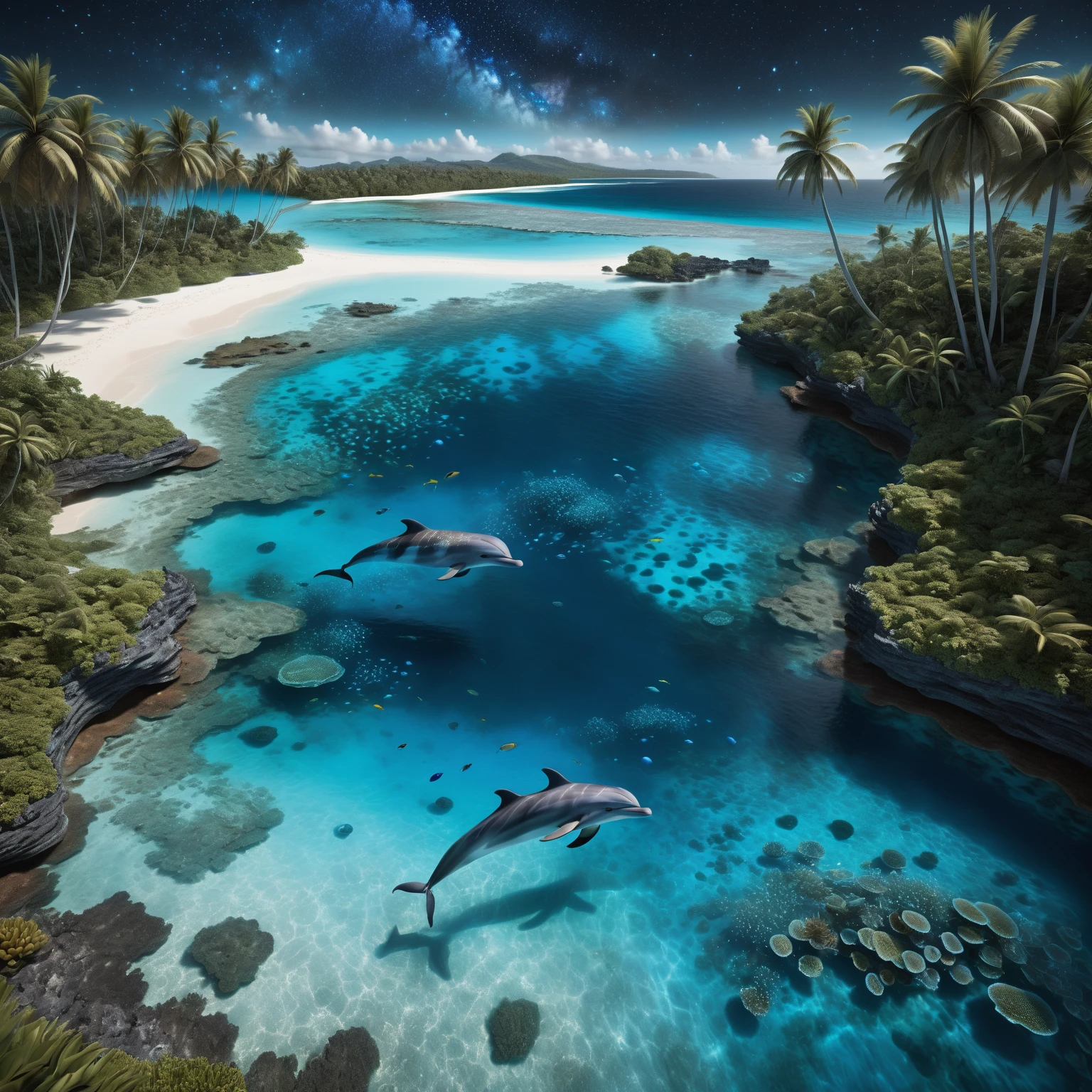 (( On a very dark night )), from a high vantage point, observe a turquoise blue lagoon stretching to the horizon. To the left, a beach lined with palm trees under a crystal-clear turquoise blue lagoon, where ((detailled huge barrier reef, luminescent fishes and jellyfishes are revealed in detail, animated by delicate waves )). ((In the starry sky, a swirling galaxy evolves into a giant blue eye, more detailed and majestic)), set against a starry sky adorned with nebulae and cosmic dust. The bright reflections of this blue eye and the starry sky intensely mirror on the water’s surface. (( a blonde woman with long hair, dressed in a finely detailed shorty wetsuit that seems woven from detailed celestial fabric swimming with a monofin )). (The water near her is crystal clear, revealing multicolored bioluminescent algae and richly detailed marine life). In the midst of this scene, (( a joyful dolphin leaps out of the water )), adding a touch of life and movement). This work must capture the essence of lunar luminism and fantastical realism against a complex and meticulously detailed background, rendered in ultra-realistic 8k resolution for hyper-realistic finesse evoking enchanted photography effects. Summon modern fantasy elements popular on Artstation Unreal Engine 5, a maximalist style, matte painting techniques offering an expansive depth of field, all while preserving simple and pure reflections in the darkness.