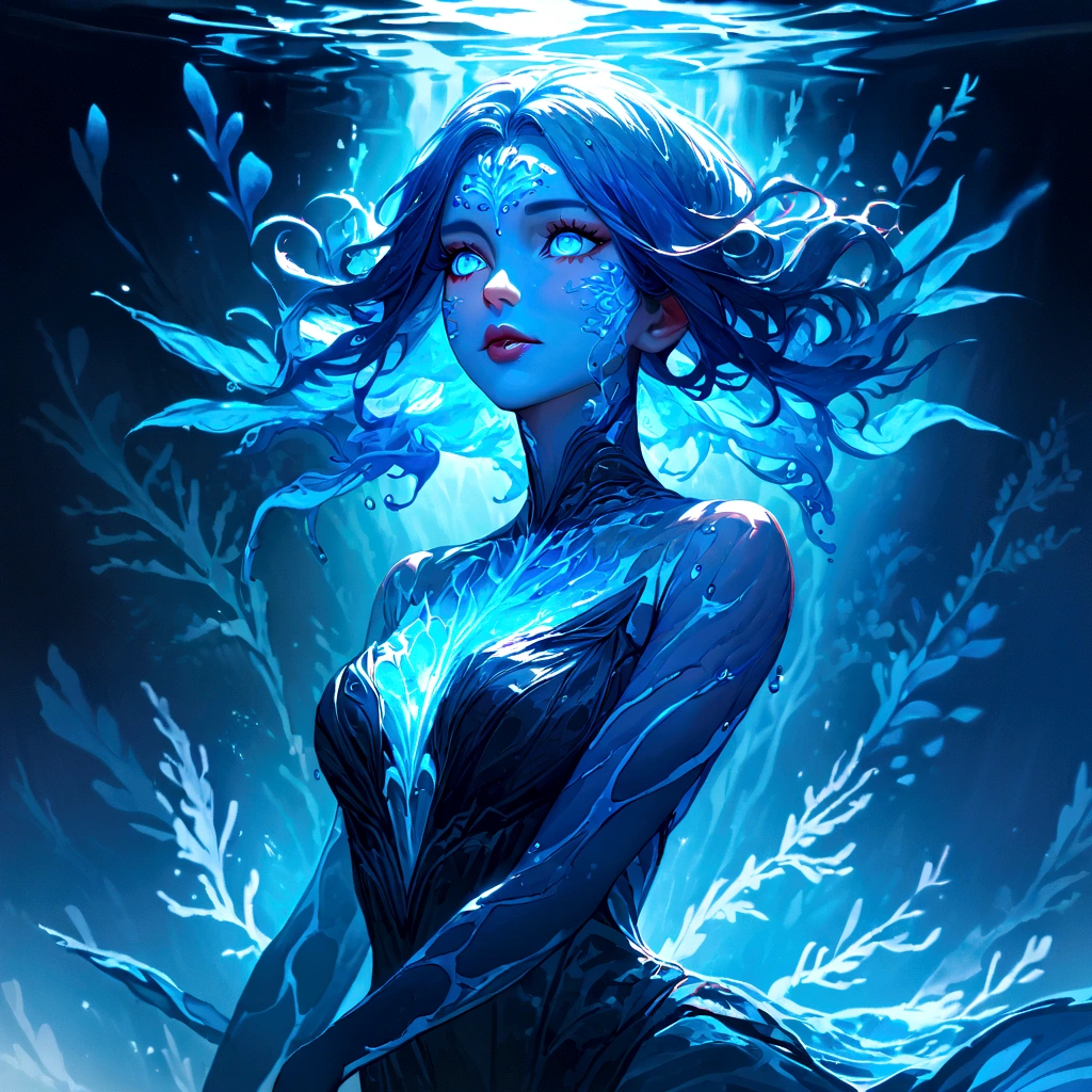 a genasi made of water, woman with water-like skin and flowing blue hair, beautiful detailed eyes, beautiful detailed lips, extremely detailed face, long eyelashes, graceful pose, underwater scene, glowing bioluminescent plants, ethereal lighting, cinematic, dramatic, vibrant colors, fantasy, digital painting, 8k, hyper detailed, masterpiece