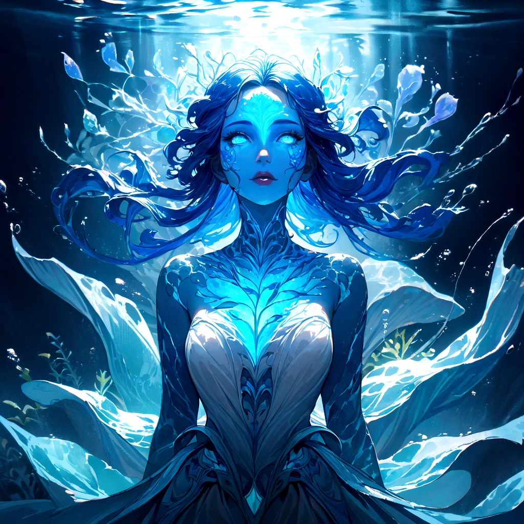 a genasi made of water, woman with water-like skin and flowing blue hair, beautiful detailed eyes, beautiful detailed lips, extremely detailed face, long eyelashes, graceful pose, underwater scene, glowing bioluminescent plants, ethereal lighting, cinematic, dramatic, vibrant colors, fantasy, digital painting, 8k, hyper detailed, masterpiece