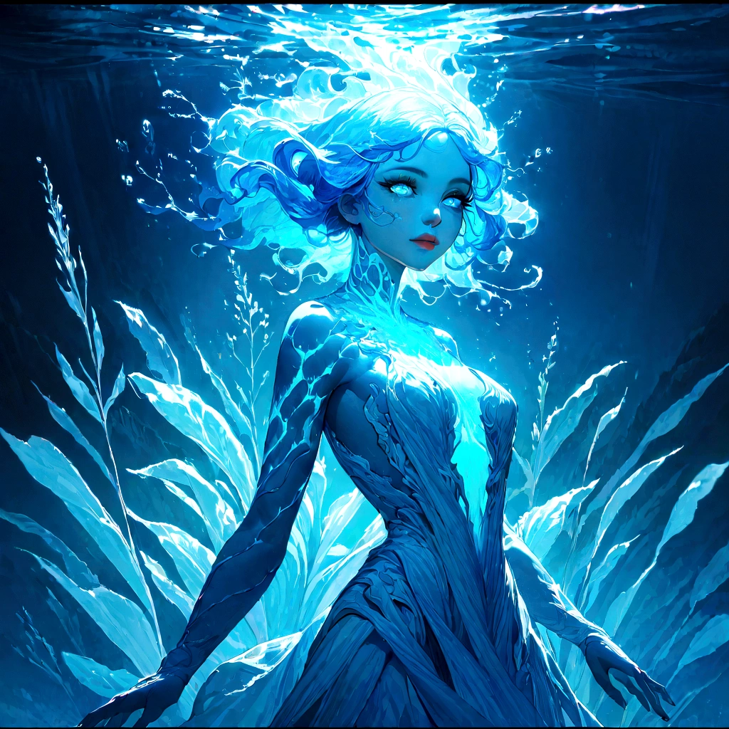 a genasi made of water, woman with water-like skin and flowing blue hair, beautiful detailed eyes, beautiful detailed lips, extremely detailed face, long eyelashes, graceful pose, underwater scene, glowing bioluminescent plants, ethereal lighting, cinematic, dramatic, vibrant colors, fantasy, digital painting, 8k, hyper detailed, masterpiece