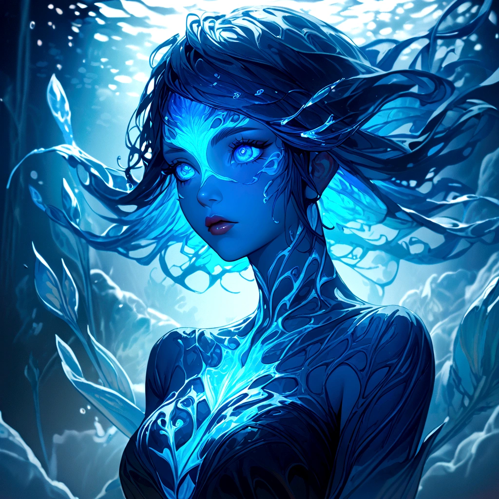 a genasi made of water, woman with water-like skin and flowing blue hair, beautiful detailed eyes, beautiful detailed lips, extremely detailed face, long eyelashes, graceful pose, underwater scene, glowing bioluminescent plants, ethereal lighting, cinematic, dramatic, vibrant colors, fantasy, digital painting, 8k, hyper detailed, masterpiece