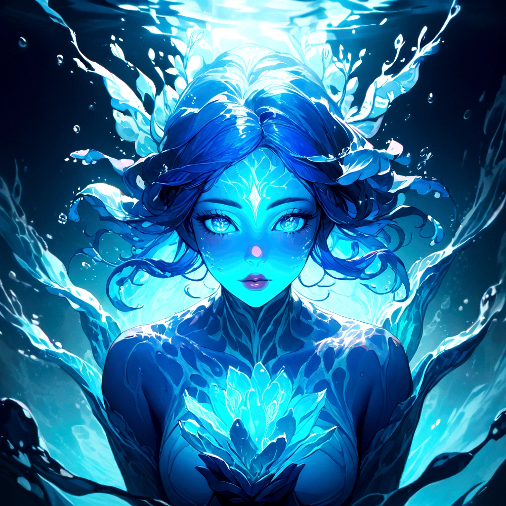 a genasi made of water, woman with water-like skin and flowing blue hair, beautiful detailed eyes, beautiful detailed lips, extremely detailed face, long eyelashes, graceful pose, underwater scene, glowing bioluminescent plants, ethereal lighting, cinematic, dramatic, vibrant colors, fantasy, digital painting, 8k, hyper detailed, masterpiece