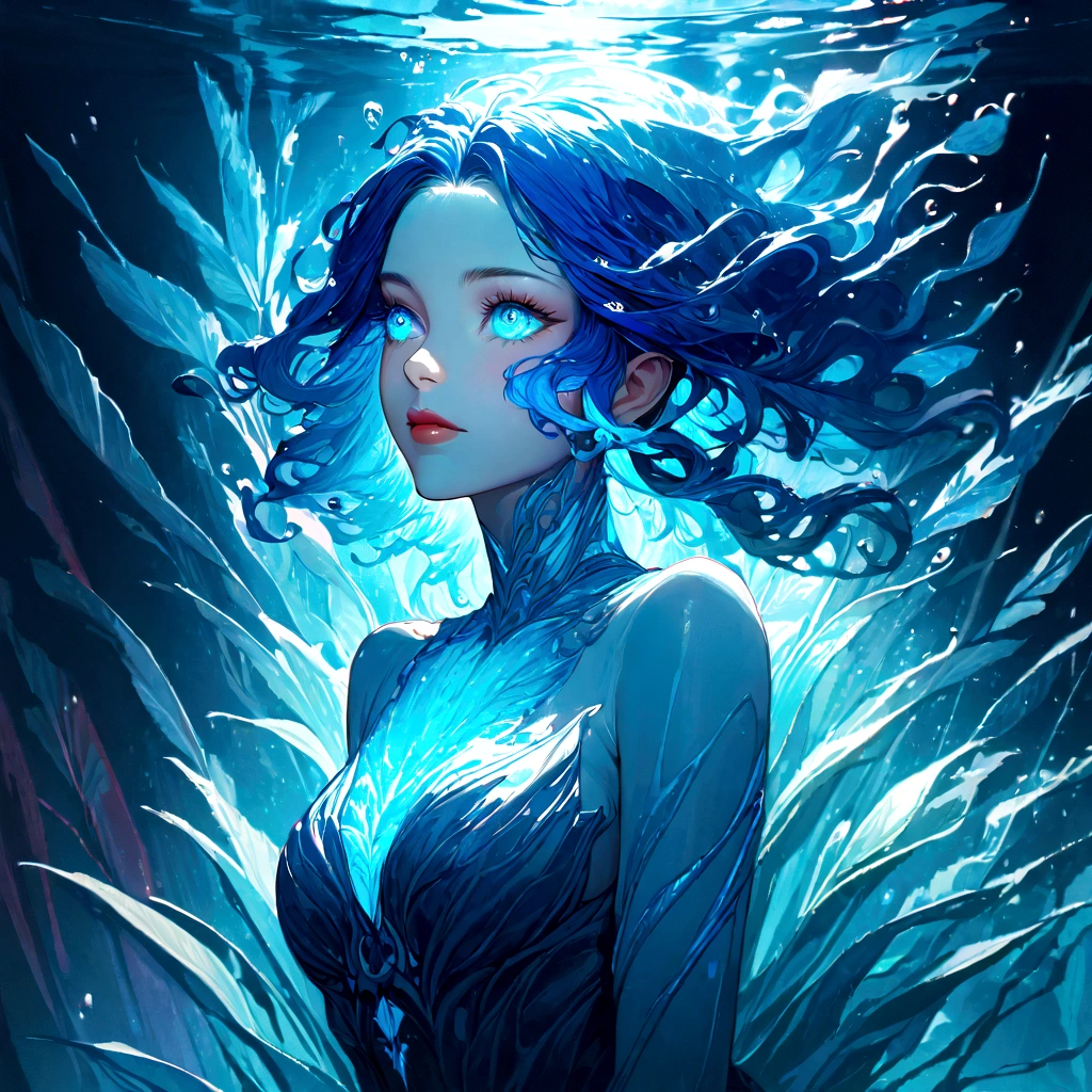 a genasi made of water, woman with water-like skin and flowing blue hair, beautiful detailed eyes, beautiful detailed lips, extremely detailed face, long eyelashes, graceful pose, underwater scene, glowing bioluminescent plants, ethereal lighting, cinematic, dramatic, vibrant colors, fantasy, digital painting, 8k, hyper detailed, masterpiece