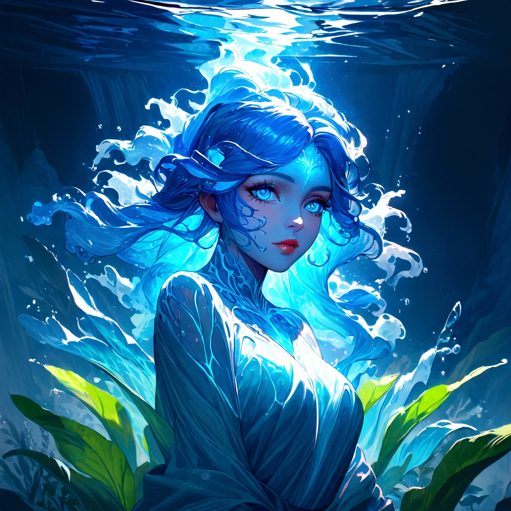 a genasi made of water, woman with water-like skin and flowing blue hair, beautiful detailed eyes, beautiful detailed lips, extremely detailed face, long eyelashes, graceful pose, underwater scene, glowing bioluminescent plants, ethereal lighting, cinematic, dramatic, vibrant colors, fantasy, digital painting, 8k, hyper detailed, masterpiece