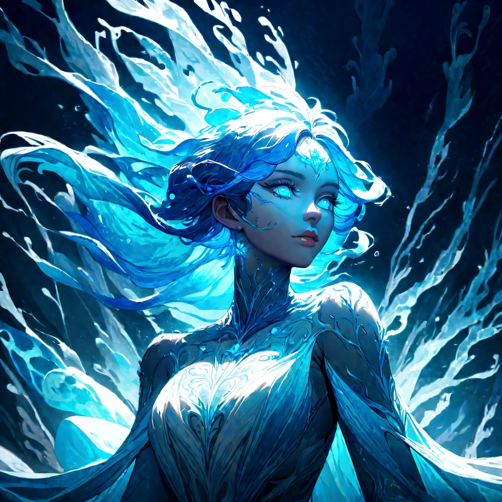 a genasi made of water, woman with water-like skin and flowing blue hair, beautiful detailed eyes, beautiful detailed lips, extremely detailed face, long eyelashes, graceful pose, underwater scene, glowing bioluminescent plants, ethereal lighting, cinematic, dramatic, vibrant colors, fantasy, digital painting, 8k, hyper detailed, masterpiece