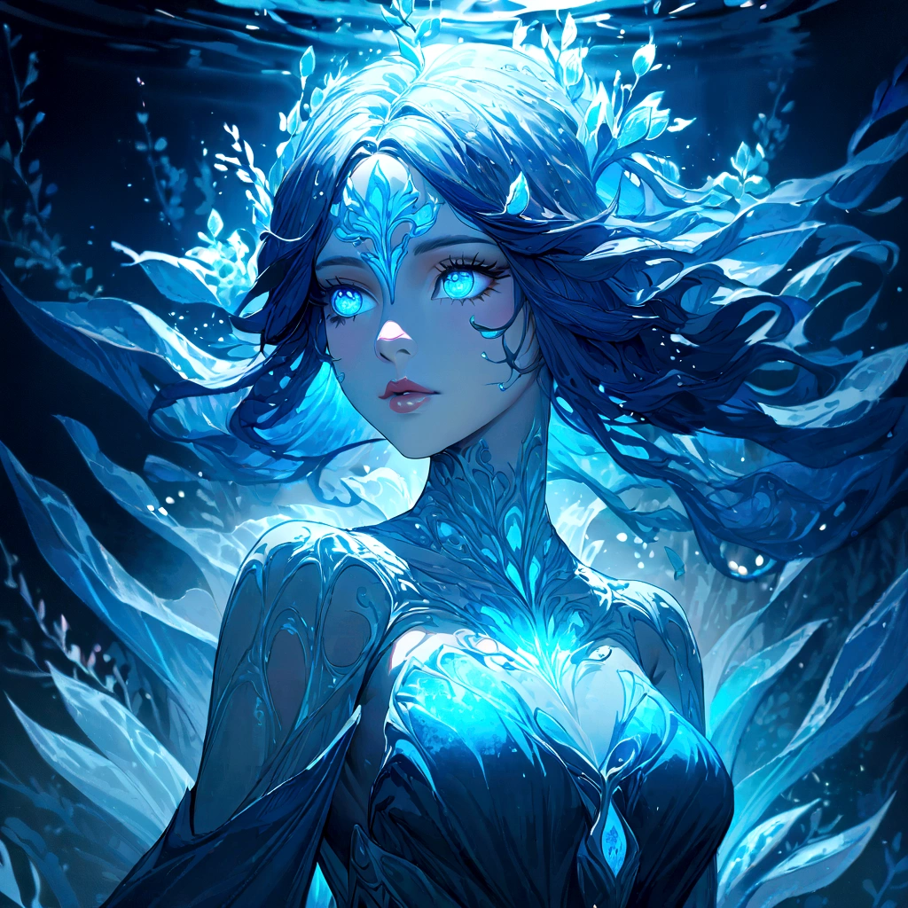 a genasi made of water, woman with water-like skin and flowing blue hair, beautiful detailed eyes, beautiful detailed lips, extremely detailed face, long eyelashes, graceful pose, underwater scene, glowing bioluminescent plants, ethereal lighting, cinematic, dramatic, vibrant colors, fantasy, digital painting, 8k, hyper detailed, masterpiece