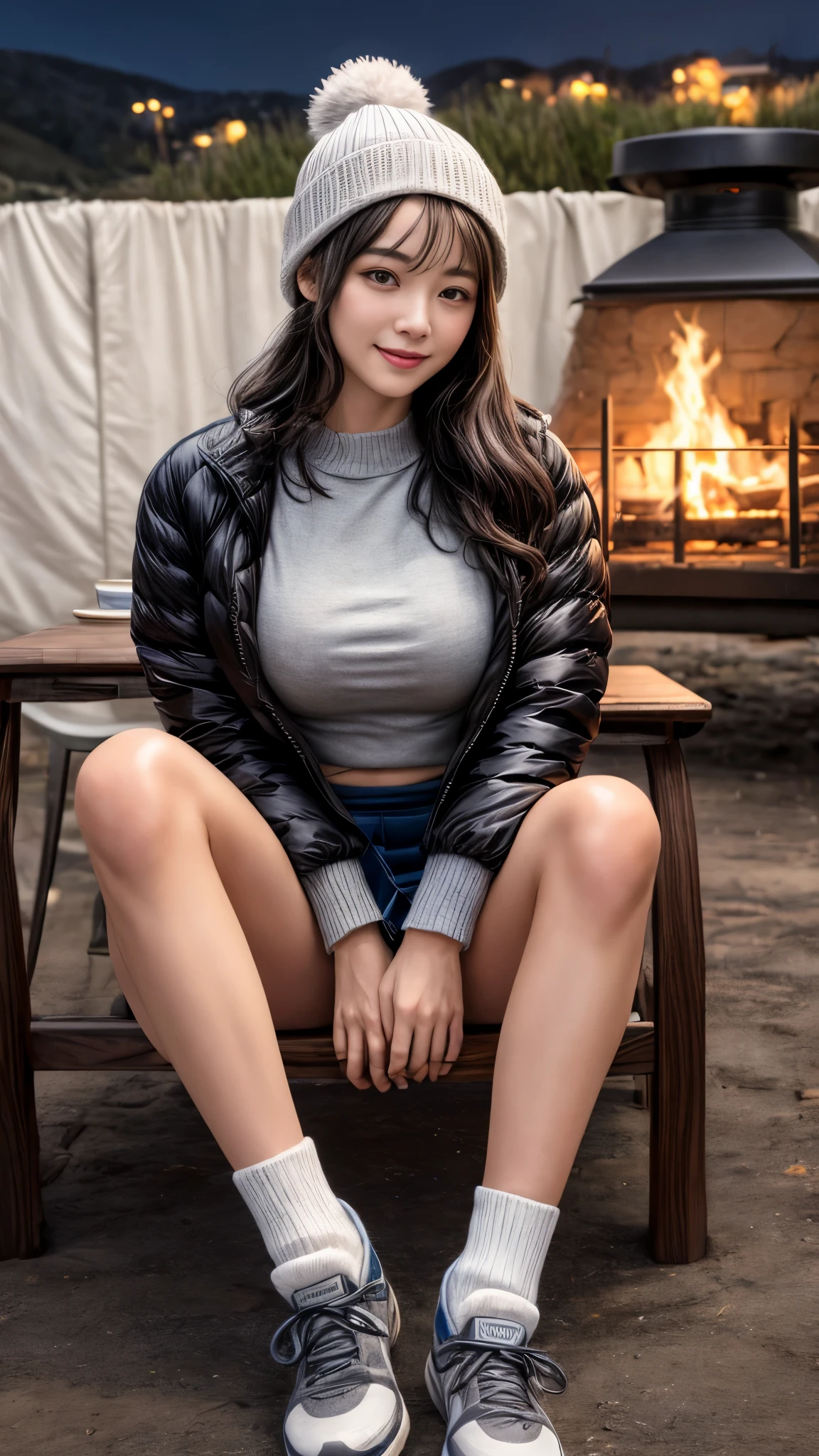 (((Night view)))、White Breath、Beautiful starry sky、In the mountains、smile、in the forest、winter、A lot of tents))、Sit on a chair in front of the fire、Stainless Steel Mug、Outdoor、(((Front open down jacket:1.1)))、Wear a sweater、Knitted hat、(((mini skirt)))、(Fluffy socks)、(Trekking shoes)、 table、((Big Breasts))、Steam rising from a mug、I feel it、Wavy long hair、((Black Hair))、High resolution、High resolution、In 8K、Real Live Action、RAW Photosgraphy、Highest quality、masterpiece、tableトップ、erotic,White skin,knees, Absurd,Small face、masterpiece,Highest quality、超High resolution,RAW Photos,One person, One personで,whole body、very nice、Japanese women,(Realistic:1.4)、Photon Mapping、Realistic、Beautiful woman、Physics-based chiselling、Qianfang、Depth of field rally background、 Soft Nose, Sparkling eyes、Glossy Lips、((Grab your skirt))、Spread your legs、(The detailed design of the black lace pink panties is visible.)、