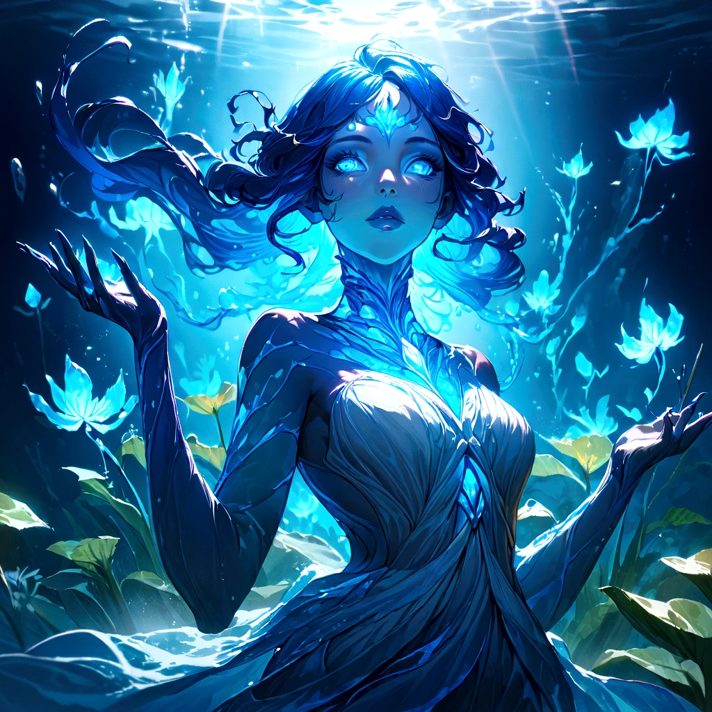 a genasi made of water, woman with water-like skin and flowing blue hair, beautiful detailed eyes, beautiful detailed lips, extremely detailed face, long eyelashes, graceful pose, underwater scene, glowing bioluminescent plants, ethereal lighting, cinematic, dramatic, vibrant colors, fantasy, digital painting, 8k, hyper detailed, masterpiece