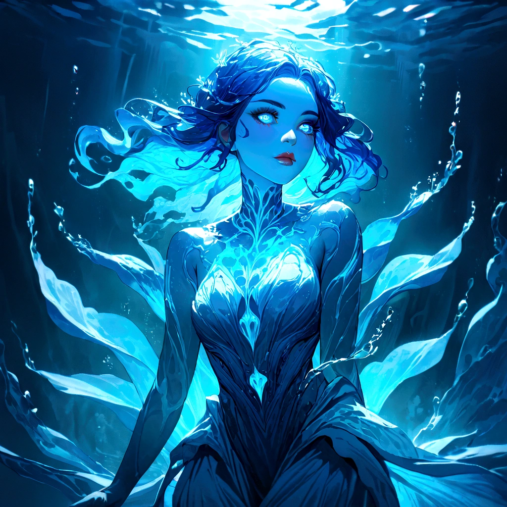 a genasi made of water, woman with water-like skin and flowing blue hair, beautiful detailed eyes, beautiful detailed lips, extremely detailed face, long eyelashes, graceful pose, underwater scene, glowing bioluminescent plants, ethereal lighting, cinematic, dramatic, vibrant colors, fantasy, digital painting, 8k, hyper detailed, masterpiece