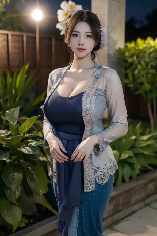 8k, best quality, Medium close-up, (blue kebaya )、(luxury kebaya ),(top-quality,​masterpiece:1.3,超A high resolution,),(ultra-detailliert,Caustics),(Photorealsitic:1.4,RAW shooting,)Ultra-realistic capture,A highly detailed,high-definition16Kfor human skin, Cute and lovely Korean girl, realistic, ultra detail, photo realistic, Increase quality, 
 standing in a garden with a scarf, garden, (large breast), (cleavage ), close-up shot,  mouth,dark-haired, Messy Updo hair, (depth of fields、chromatic abberation、Wide range of lighting、Natural Shading、)、(Exterior light at night:1.4)、(Hair swaying in the wind:1.2).