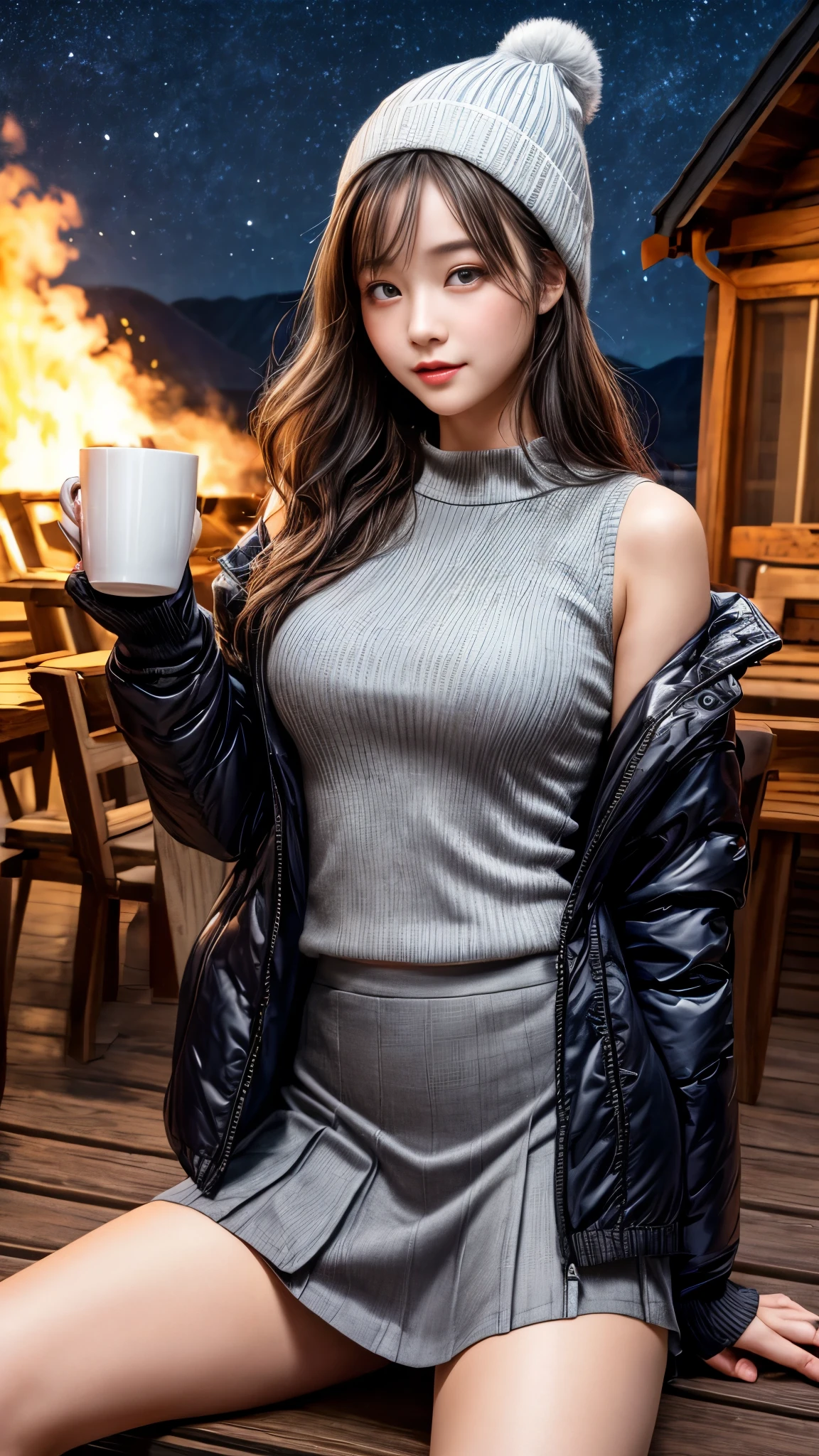 (((Night view)))、White Breath、Beautiful starry sky、In the mountains、smile、in the forest、winter、((Cottage))、Sit in front of the bonfire、Stainless Steel Mug、Outdoor、(((Front open down jacket)))、((Wear an ultra tight sweater))、Knitted hat、(((mini skirt)))、(Leg warmers)、(Trekking shoes)、 table、((Big Breasts))、Steam rising from a mug、I feel it、Wavy long hair、High resolution、High resolution、In 8K、Real Live Action、RAW Photosgraphy、Highest quality、masterpiece、tableトップ、erotic,White skin,knees, Absurd,Small face、masterpiece,Highest quality、超High resolution,RAW Photos,only,Beautiful poop,One person, One personで,whole body、very nice、Japanese women,(Realistic:1.4)、Photon Mapping、Realistic、Beautiful woman、物理ベースのonlyダリング、Qianfang、Depth of field rally background、 Soft Nose, Sparkling eyes、Glossy Lips、((Grab your skirt))、Spread your legs、(You can see the detailed lace panties.)、