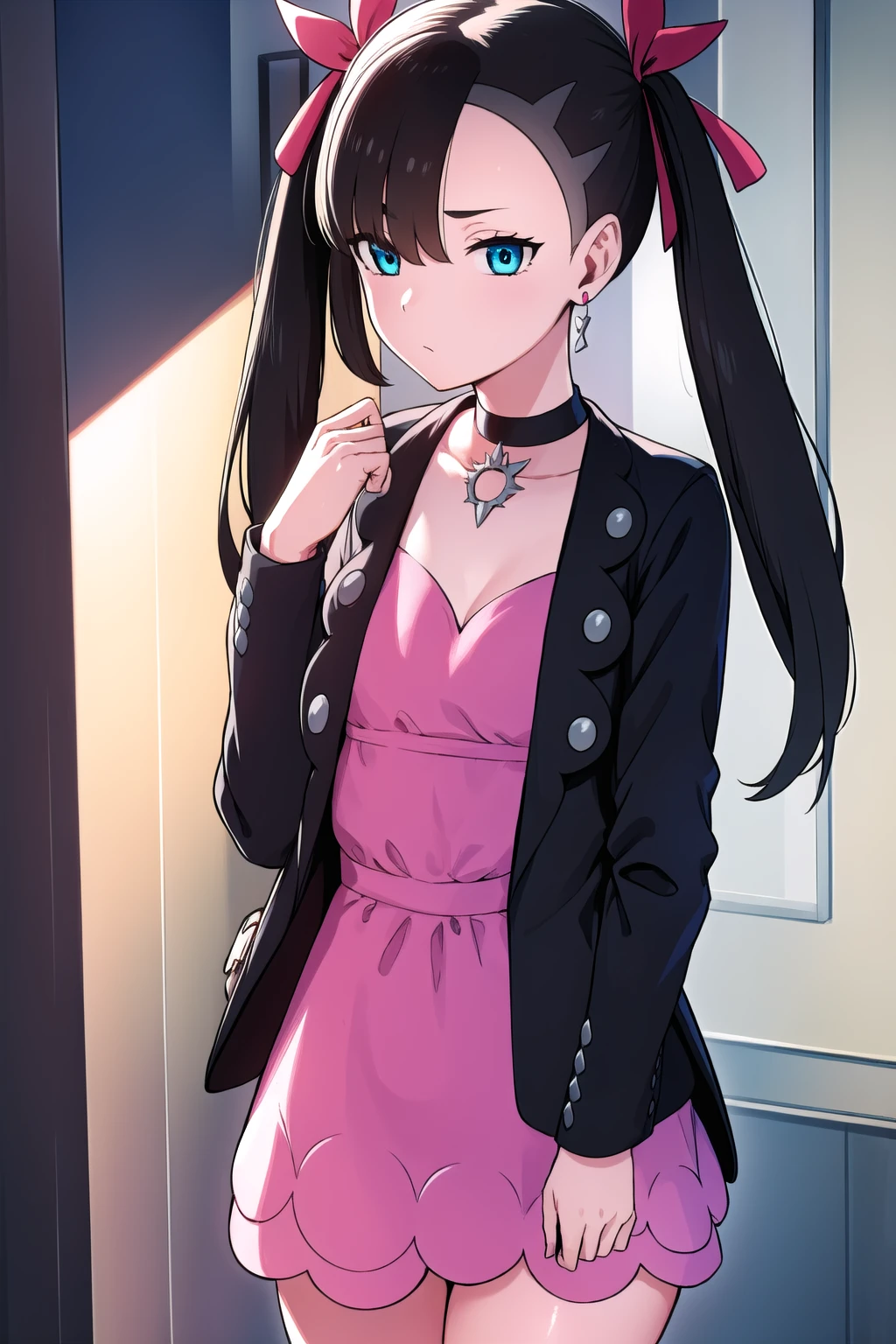 pokemonmarnie, pokemonmarnie, aqua eyes, asymmetrical bangs, asymmetrical hair, black hair, hair ribbon, long hair, red ribbon, ribbon, twintails, (small breasts:1.2),
BREAK backpack, bag, black choker, black jacket, choker, dress, earrings, jacket, jewelry, long sleeves, open clothes, pink bag, pink dress,
BREAK looking at viewer, full body, upper body,
BREAK 
BREAK (masterpiece:1.2), best quality, high resolution, unity 8k wallpaper, (illustration:0.8), (beautiful detailed eyes:1.6), extremely detailed face, perfect lighting, extremely detailed CG, (perfect hands, perfect anatomy),