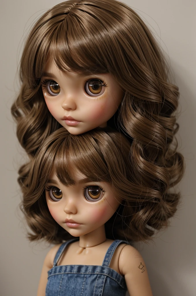 I would like to create a Blythe doll. Let her features have light brown skin. , with 2c hair type a little disheveled and below the shoulders, but not so long and light brown eyes, round eyebrows