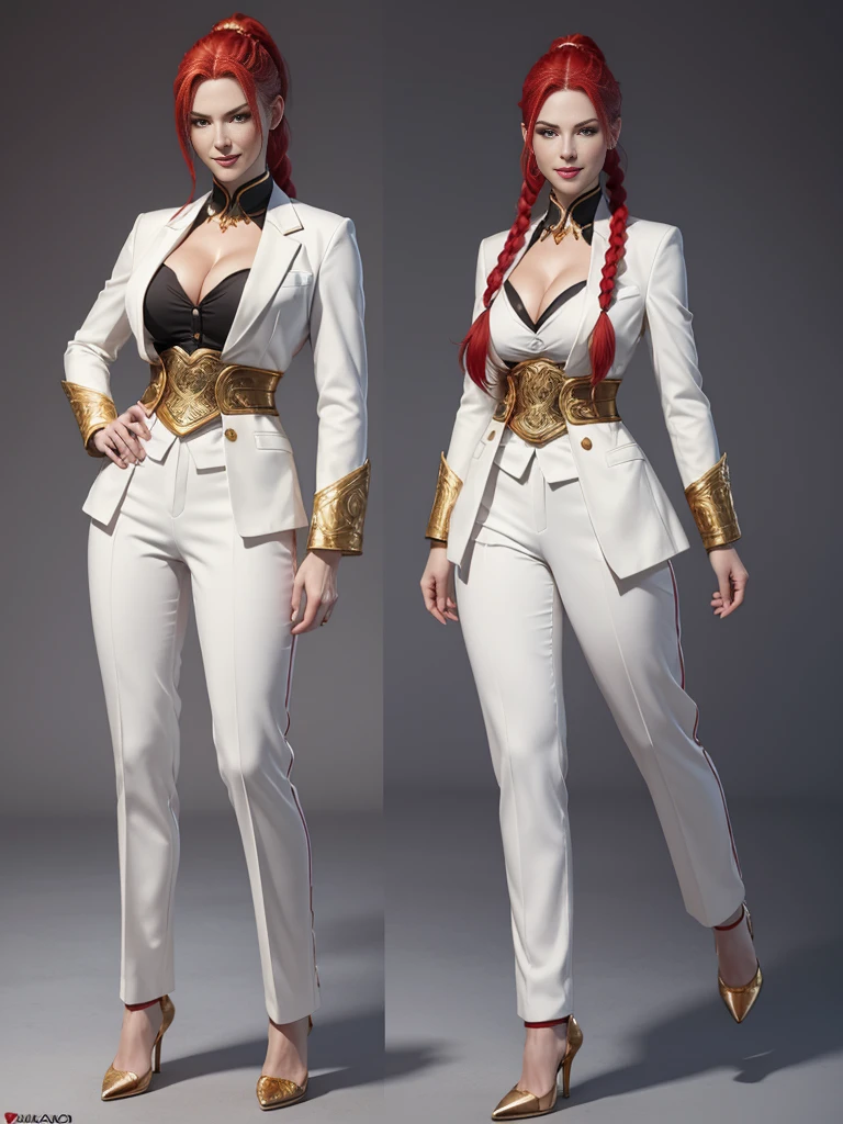 ((best quality)), ((4k)), ((highres)), ((masterpiece:1.2)). ((detailed)), ((ultra realistic)), ((intricate details)), ((full body picture)), ((character design sheet)), ((blank background)), ((standing in a blank background)), solo character, a full body shot of a sexy pale female, inhuman pale skin, pasty white skin, ((vampire pale skin))), ((ghostly pale skin like kratos from god of war)), redhead, ((vivid red hair)), braided low ponytail, ((braided low ponytail)), thin braids, slicked back hair, sexy and dangerous, evil smile on her face, ((evil smile)), about 30 years old, about 6'0 ft tall, athletic frame, character concept art, female executive, white blazer suit, white dress pants, work pants, white outfit with black details and gold adornments, ((predominantly white outfit)), ((showing cleavage)), gold office heels, fighting game character concept art, tekken character design, the king of fighters character concept