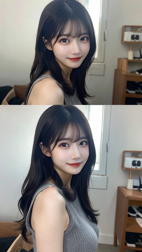 randome pose、(top-quality,masterpiece:1.3,超A high resolution,),(Ultra-detail,Caustics),(Photorealsitic:1.4,RAW shooting,)Ultra-realistic capture,A highly detailed,High resolution 16K human skin closeup、 Skin texture is natural、、The skin looks healthy with an even tone、 Use natural light and color,1 girl,japanes,22year old,kawaii,Black Hair、Middle hair,,smil,,(depth of fields、chromatic abberation、、Wide range of lighting、Natural Shading、)、Work on a PC