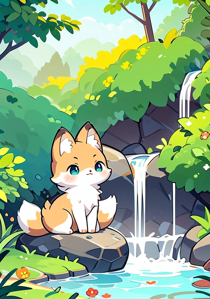 Ace a grassy fox at a waterfall in the forest
