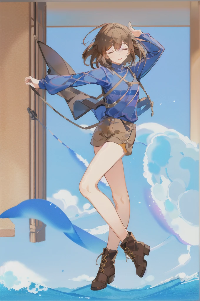 undertale frisk,small breasts,brown hair,(aged up), (brown shorts:1.3), bob cut, short hair, (blue shirt:1.3), (closed eyes:1.2), (1girl:1.3), (solo:1.3), blue shirt,purple shirt, striped shirt,long sleeves,arms raised,yellow skin,dancing,facing viewer,full body,boots,on mountain,grass,happy,:p, 