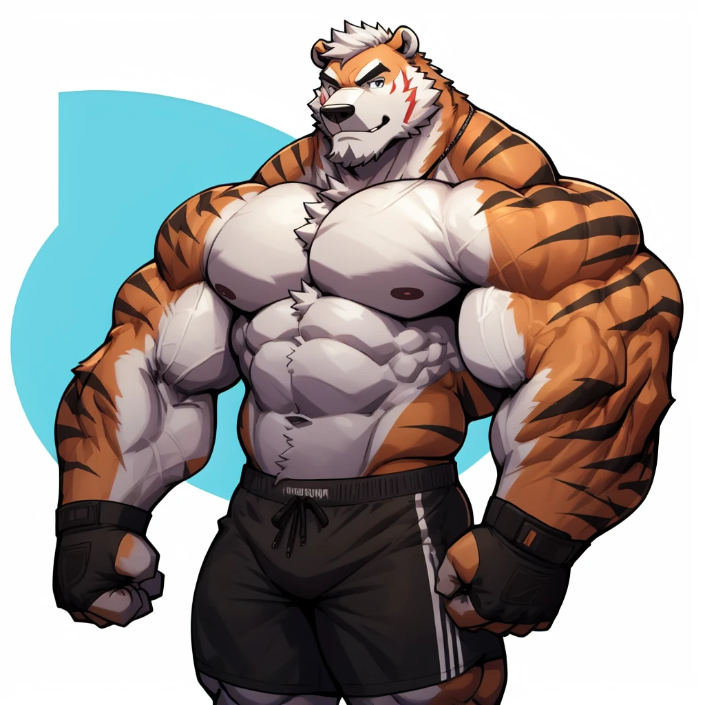 solo, 1boy, Huge Muscular White Polar Bear wearing glasses, huge white fur, pectoral, huge pectoral, wide pectoral, short white hair, blue-colored short pants, blue wristbands and shirtless and topless, white bearded, white Mustache, white fur, simple background, masterpiece, high detailed, 8k, high resolution, at the gym, flexes huge muscles