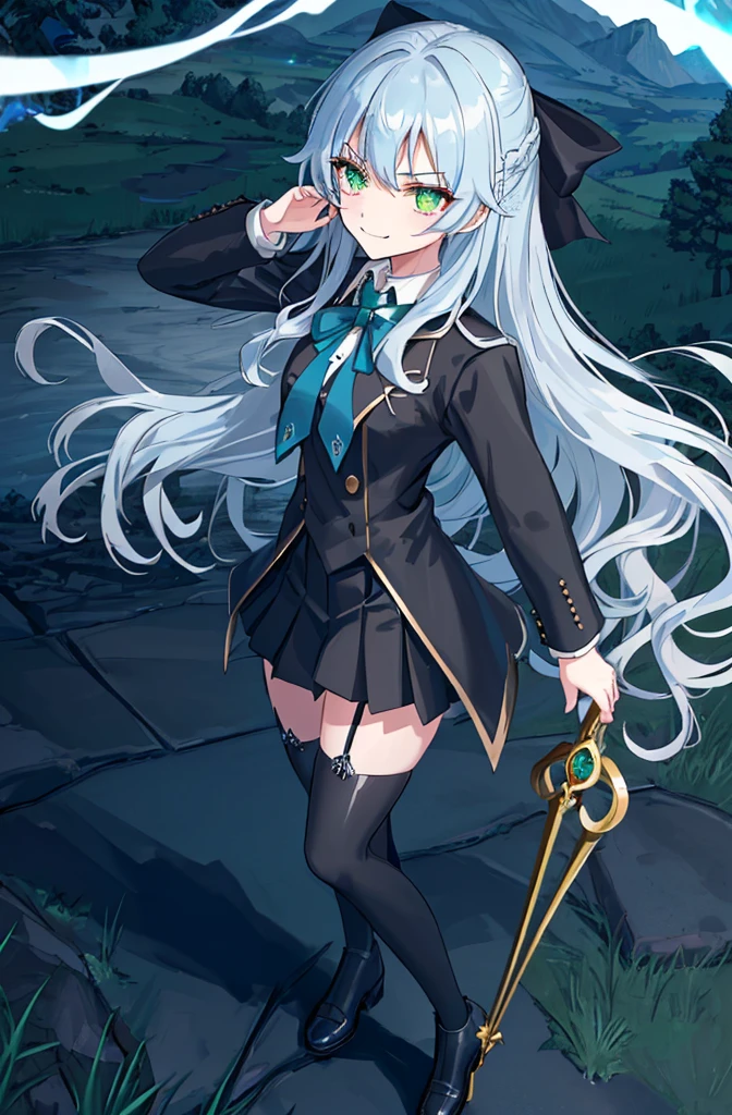 hill background,original,(illustration:1.1),(best quality),(masterpiece:1.1),(extremely detailed CG unity 8k wallpaper:1.1), (colorful:0.9),(mid shot:0.95),(highly detailed beautiful face and body),(solo:1.2), (girl),(((adult))), (detailed beautiful eyes:1.15), (beautiful face:1.15), (glowing green eyes:1.25////),((jewel-like eyes)),(petite),(cute girl),(((blue long hair))),((blue long hair)),(wavy hair),((wavy hair)),(+perfect hand+:1.21),(gothic school uniform),(Religious),(slender),(black clothes),(gothic ribbon),ribbon tie,small breasts,miniskirt,gothic boots,black thighhighs,slim body,(evil smile),detailed background,eluding,erotic thighs,((stand ready for enemy attack)),((on the hill)),((angle from above)),(angry),slightly elevated location,There is a little grass and trees around,You can see the village in the distance,from side,