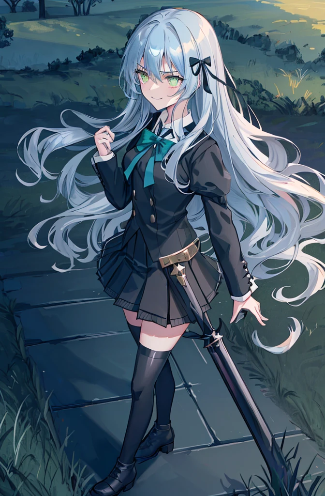 hill background,original,(illustration:1.1),(best quality),(masterpiece:1.1),(extremely detailed CG unity 8k wallpaper:1.1), (colorful:0.9),(mid shot:0.95),(highly detailed beautiful face and body),(solo:1.2), (girl),(((adult))), (detailed beautiful eyes:1.15), (beautiful face:1.15), (glowing green eyes:1.25////),((jewel-like eyes)),(petite),(cute girl),(((blue long hair))),((blue long hair)),(wavy hair),((wavy hair)),(+perfect hand+:1.21),(gothic school uniform),(Religious),(slender),(black clothes),(gothic ribbon),ribbon tie,small breasts,miniskirt,gothic boots,black thighhighs,slim body,(evil smile),detailed background,eluding,erotic thighs,((stand ready for enemy attack)),((on the hill)),((angle from above)),(angry),slightly elevated location,There is a little grass and trees around,You can see the village in the distance,from side,