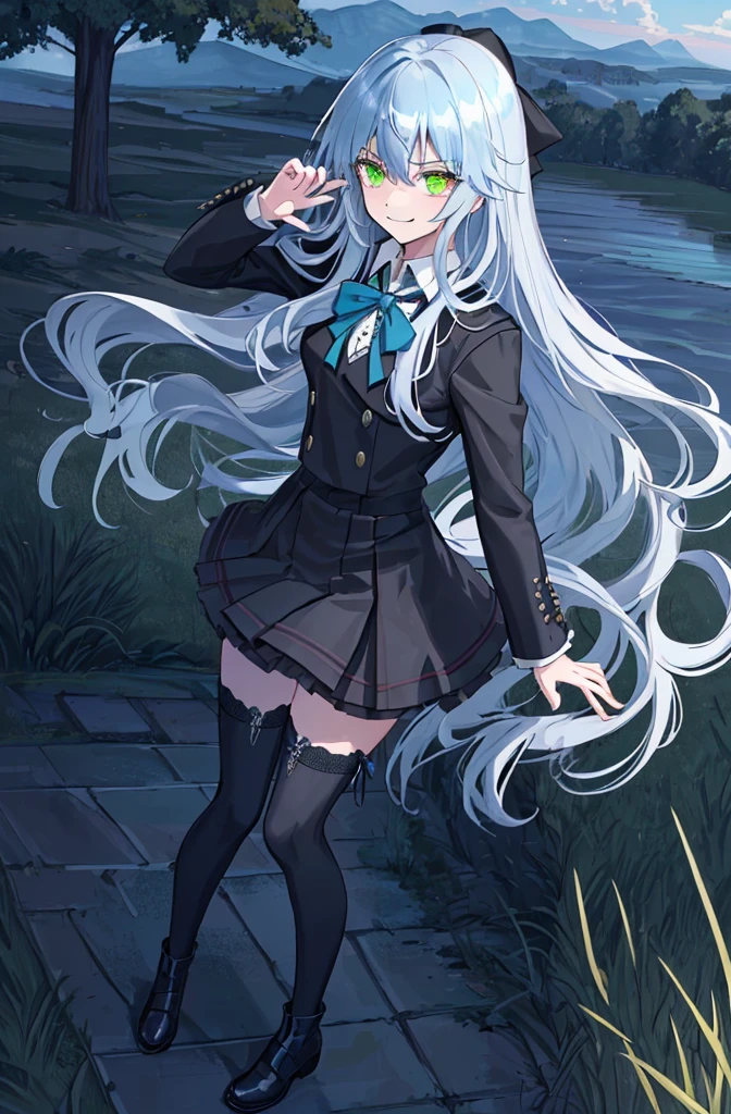 hill background,original,(illustration:1.1),(best quality),(masterpiece:1.1),(extremely detailed CG unity 8k wallpaper:1.1), (colorful:0.9),(mid shot:0.95),(highly detailed beautiful face and body),(solo:1.2), (girl),(((adult))), (detailed beautiful eyes:1.15), (beautiful face:1.15), (glowing green eyes:1.25////),((jewel-like eyes)),(petite),(cute girl),(((blue long hair))),((blue long hair)),(wavy hair),((wavy hair)),(+perfect hand+:1.21),(gothic school uniform),(Religious),(slender),(black clothes),(gothic ribbon),ribbon tie,small breasts,miniskirt,gothic boots,black thighhighs,slim body,(evil smile),detailed background,eluding,erotic thighs,((stand ready for enemy attack)),((on the hill)),((angle from above)),(angry),slightly elevated location,There is a little grass and trees around,You can see the village in the distance,from side,