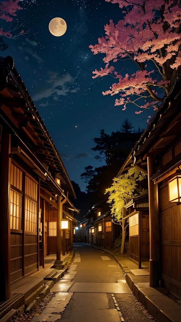 Official Art, Ancient Japan, treeTSakura Streets, (Lots of Fireflies), (Night), (Moon), (Star), Lights, Beautiful Landscapes, Epic Landscapes, Realistic Lights, Masterpiece, High Quality, Beautiful Graphics, High Detail , Global Illumination, Unreal Engine Rendering, Octane Rendering, (HDR: 1.3)
