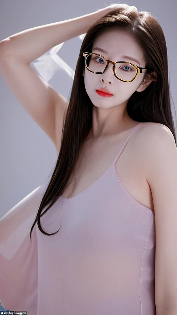 A 25-year-old woman, wearing glasses like Korean style, fair skin, a natural face without makeup, straight hair and long hair, naturally pink lips, have a small mole above the left side of her lip, weighing 50 kg, with a fresh and energetic face, blue eyes.