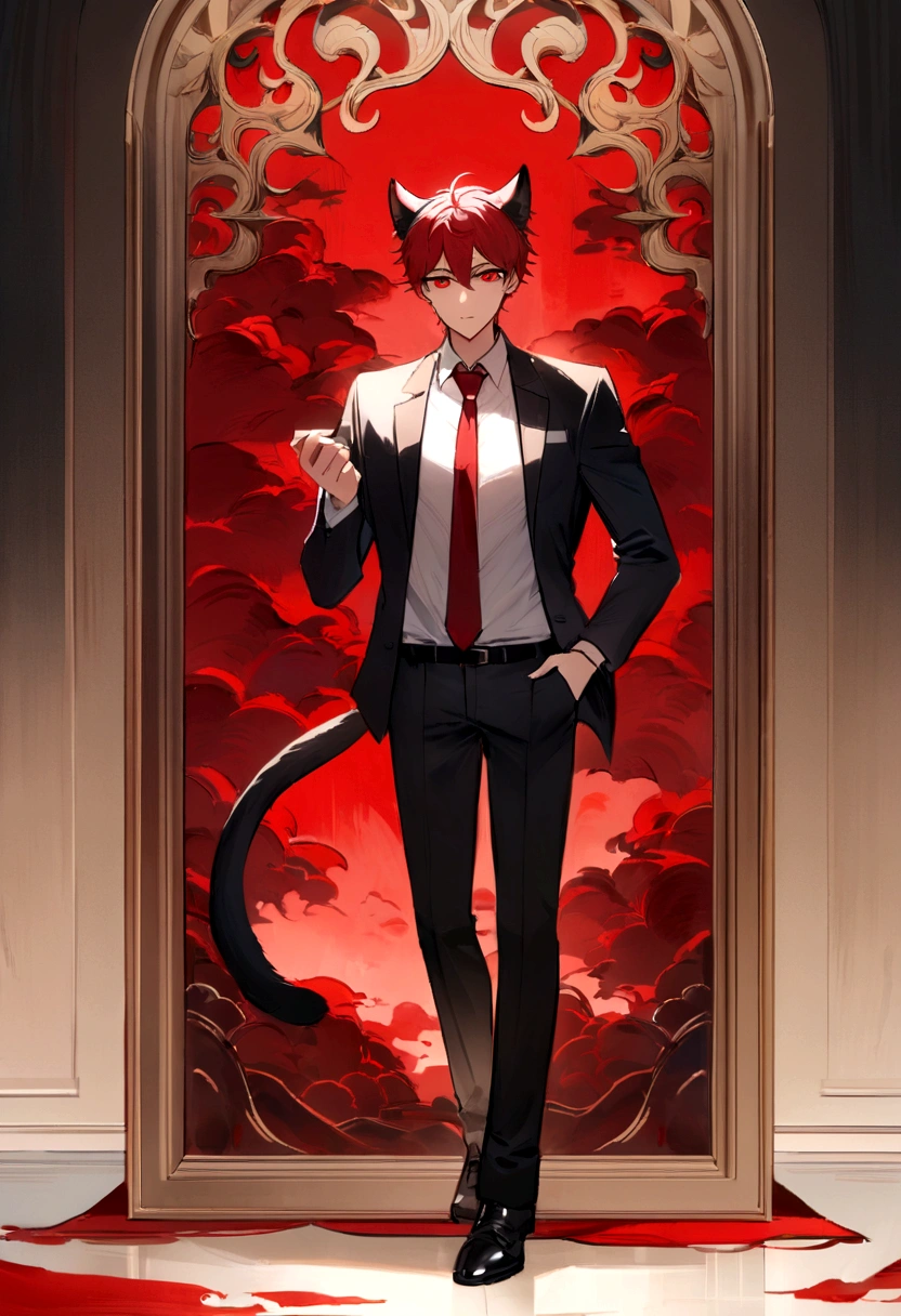 (best qualityer, work of art, more details in the eyes), 1 boy, crimson red eyes, long red hair, adult a pair of feline ears on the head, detailed hair, full body in office clothes
