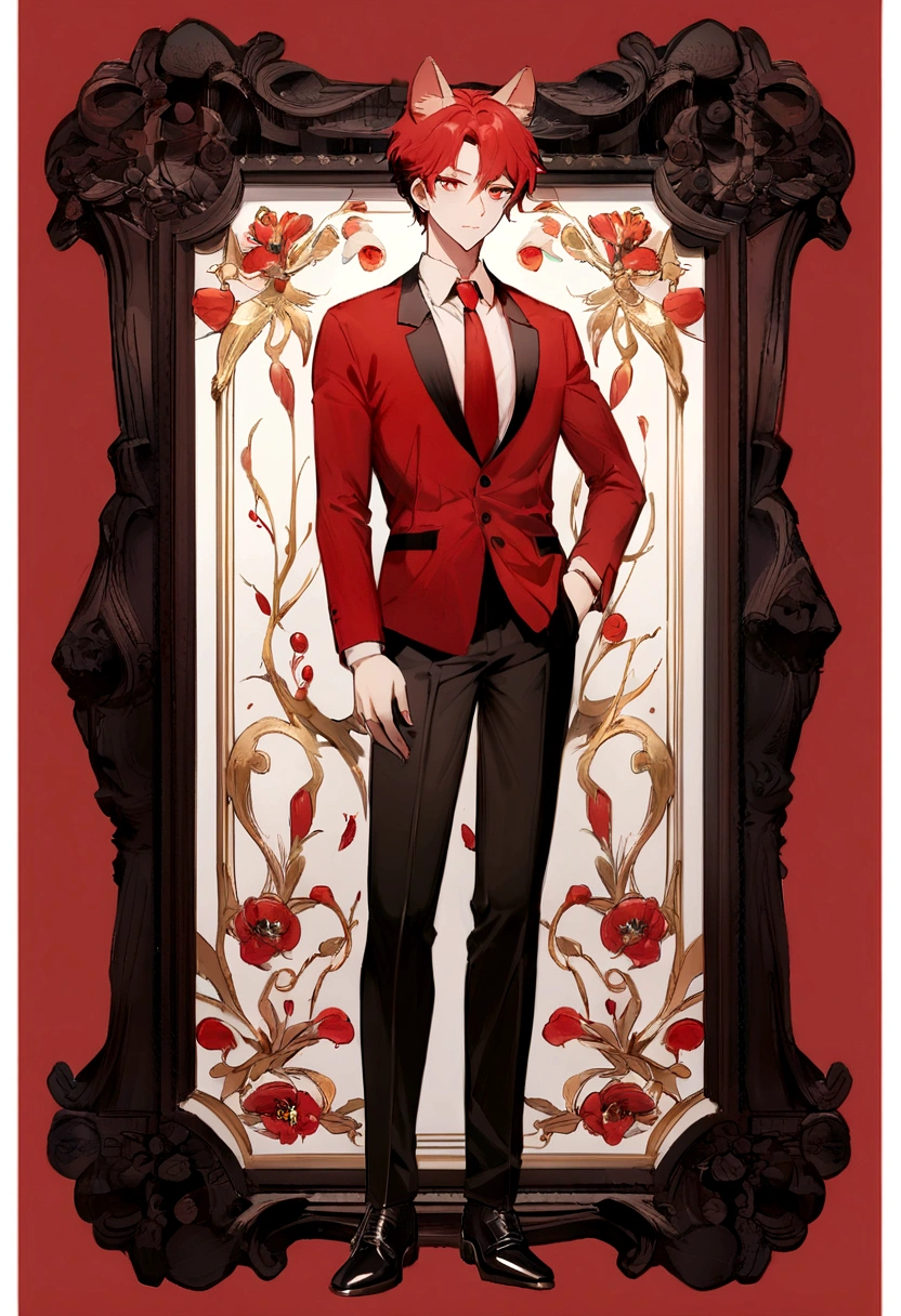 (best qualityer, work of art, more details in the eyes), 1 boy, crimson red eyes, long red hair, adult a pair of feline ears on the head, detailed hair, full body in office clothes