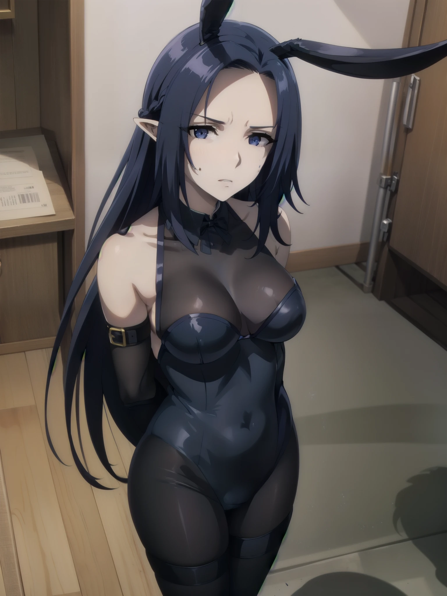 1girl, solo, suspension, down, rope, 1girl, bodysuit, bound arms, indoors, leotard, bdsm, shibari, arms behind back, restrained, navel, leaning forward, feet,dark blue hair,,long hair,blue eyes,pointy ears,elf(((skin exposure,bunny suit,bunny ears))),((intenseglare, disgust, shaded_face, shadow_over_eyes, glaring, looking down at the viewer))
