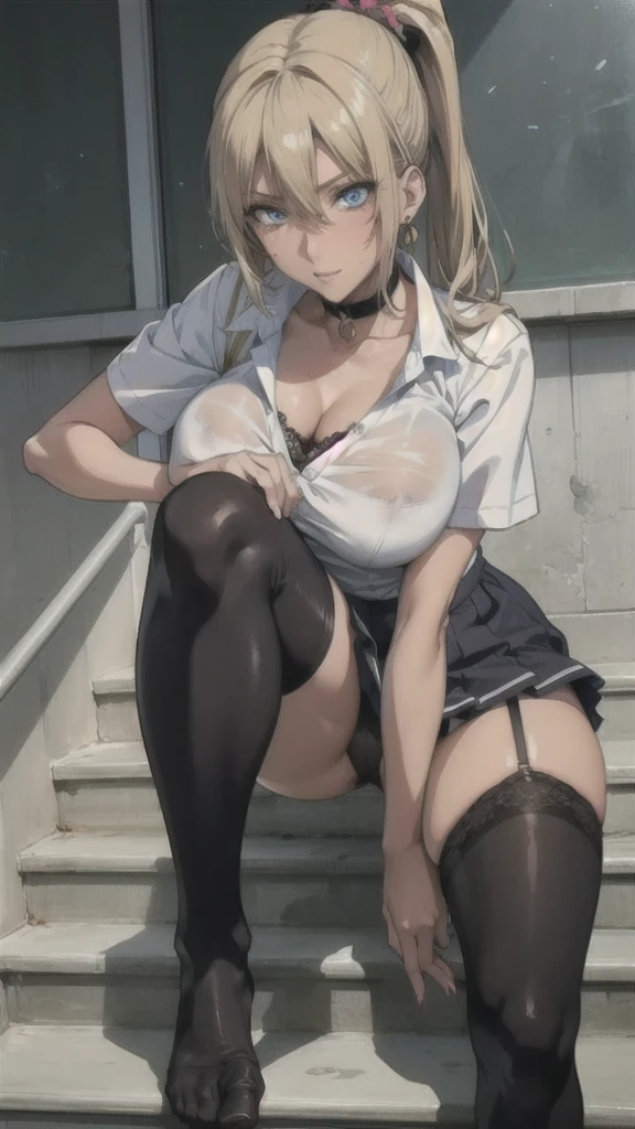 ((Correct Anatomy)),(y pose),(Female student),((school uniform)),((Short sleeve)),(Mini Pleated Skirt),(((Black Stockings))),((Lace pan(Stand on the stairs of the school),Ultra-high resolution,Mature Womture Woman, Veailed,Sunburned skin,Brown Skin, (Big Breasts),((Beautiferfect hands, Detailed fingers, Beautiful details, ((Long blonde hair)),((ponytail)),Black Choker, Earrings,Perfect Eyes, Captivating eyes,(open-chest)