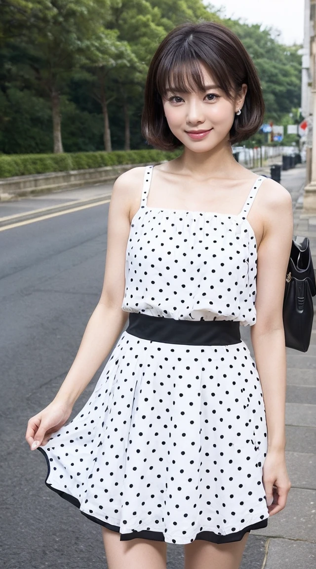 become close,Sharp lines,Highest quality, masterpiece、Overnight parking、Dark Light、Canon Photo Crystal Clear ,（Realistically:1.2）, (Colorful polka dot mini skirt dress)、Action pose、Take a full body photo、smile、Gorgeous appearance、Semi-long layer cut、ancient ruins