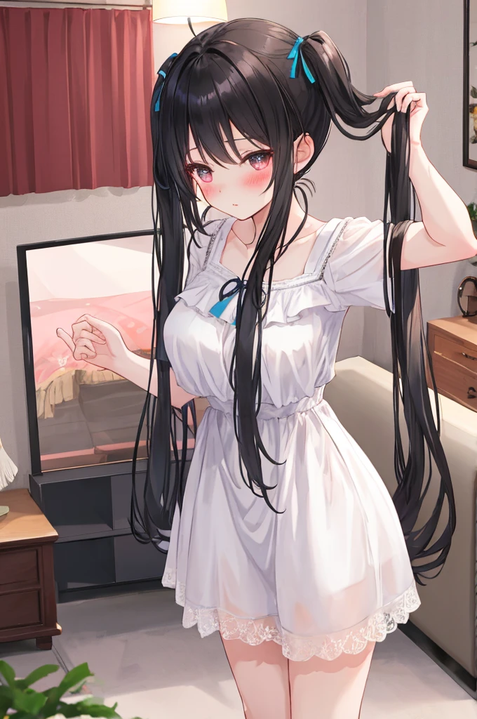 A woman with big ，Black long hair，twintails，Exquisite，Ribbon，White nightdress，Slim waist，pubic，Lace underwear，blush，A cute daughter，living room，